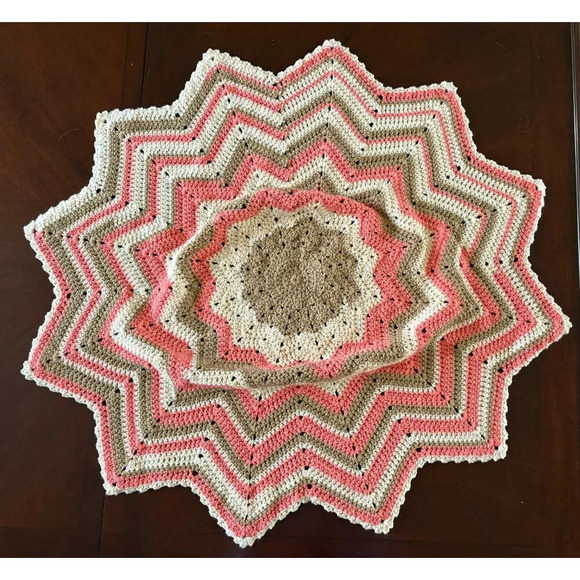 Handmade 12 Point Crochet Knit Star Baby Blanket Afghan Pink Brown Striped - Picture 2 of 5